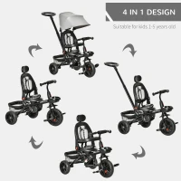HOMCOM 4 in 1 Kids Trike Toddler Foldable Pedal Tricycle w/ Reversible Angle Adjustable Seat Removable Handle Canopy Belt Brake - Grey(m-4)