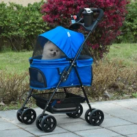 PawHut No-Zip Dog Stroller Pet Cat Travel Pushchair One-Click Fold Trolley Jogger with EVA Wheels Brake Basket Adjustable Canopy Safety Leash Blue(m-10)
