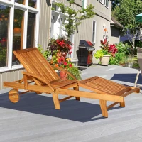 Outsunny Folding Wooden Sun Lounger, 4-Level Adjustable Garden Lounger Recliner with Side Tray and Wheels, Outdoor Reclining Sunbed with Slatted Seat and Armrests for Patio, Terrace, Teak(m-2)