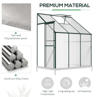 Outsunny Walk-In Lean to Greenhouse Garden Heavy Duty Aluminium Polycarbonate with Roof Vent for Plants Herbs Vegetables, Green, 6 x 4ft(m-6)