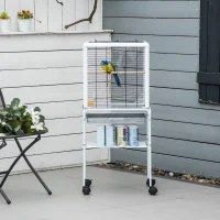 PawHut Large Metal Bird Cage Open Top Aviary for Finch Canaries, Budgies with Handle, Rolling Stand, Slide-out Tray, Storage Shelf, Wood Perch, Food Containers, White(m-11)