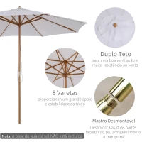 Outsunny Chapéu de Sol de Jardim Ø300x250cm com Sistema de Polia Teto Ventilado e Mastro Desmontável de Madeira para Terraço Pátio Exterior Branco(m-4)