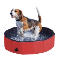 PawHut Foldable Dog Paddling Pool Pet Cat Swimming Pool Indoor/Outdoor Collapsible Summer Bathing Tub Shower Tub Puppy Washer (Φ80 × 20H cm, Red)(m-1)