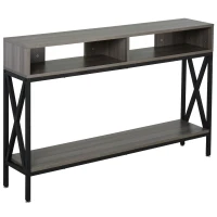 HOMCOM Console Table w/ 3 Compartments Metal Frame Adjustable Feet Home Display Storage Living Room Office Desk Grey Black(m-1)