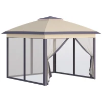 Outsunny 3.3 x 3.3m Pop Up Gazebo Four Sides Double Roof Foldable Canopy Tent Height Adjustable and Carrying Bag, Event Tent for Patio Garden Backyard Steel Beige(m-10)