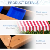 Outsunny Sand Pit Kids Wooden Sandbox with Cover Children Sandpit Play Station Height Adjustable with Canopy, Bottom Liner, Plastic Basins for Outdoor Aged 3-7 Years(m-6)