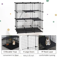 PawHut 3 Level DIY Pet Playpen Metal Small Animal Cage Rabbit Ferret Chinchillas Cage 4 Doors Bottom Trays Black(m-6)