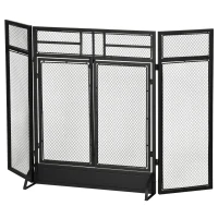 HOMCOM 3-Panel Folding Fireplace Screen with Door, Freestanding Spark Guard, Metal Mesh Fireguard, Black(m-11)