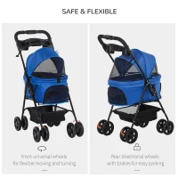 PawHut No-Zip Dog Stroller Pet Cat Travel Pushchair One-Click Fold Trolley Jogger with EVA Wheels Brake Basket Adjustable Canopy Safety Leash Blue(m-5)
