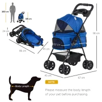 PawHut No-Zip Dog Stroller Pet Cat Travel Pushchair One-Click Fold Trolley Jogger with EVA Wheels Brake Basket Adjustable Canopy Safety Leash Blue(m-3)