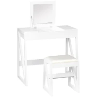HOMCOM Dressing Table Set with Flip Top Mirror and Cushioned Stool, Makeup Vanity Table Writing Desk with Storage Grids for Bedroom, White(m-1)