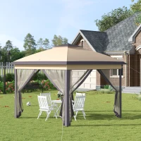 Outsunny 3.3 x 3.3m Pop Up Gazebo Four Sides Double Roof Foldable Canopy Tent Height Adjustable and Carrying Bag, Event Tent for Patio Garden Backyard Steel Beige(m-11)