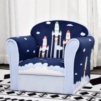 HOMCOM Children's Armchair Flannel Kids Sofa Tub Chair Cartoon Rocket Pattern Wooden Frame Bedroom Playroom Seater Blue(m-7)