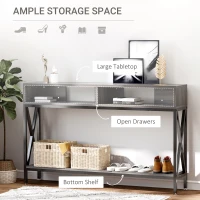 HOMCOM Console Table w/ 3 Compartments Metal Frame Adjustable Feet Home Display Storage Living Room Office Desk Grey Black(m-4)