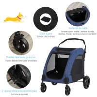 PawHut Cochecito para Mascotas Carrito para Perro Gatos 4 Ventanas Transpirables Buena Ventilación Puerta Grande Cojín Extraíble 98x82x110 cm Azul(m-6)