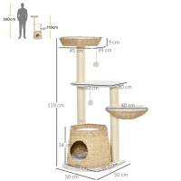 PawHut Cat Tree Tower Climbing Activity Center Kitten Furniture with Cattail Fluff Bed Condo Sisal Scratching Post Hanging Ball 50 x 50 x 119cm Natural(m-3)