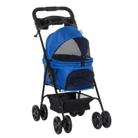 PawHut No-Zip Dog Stroller Pet Cat Travel Pushchair One-Click Fold Trolley Jogger with EVA Wheels Brake Basket Adjustable Canopy Safety Leash Blue(m-1)