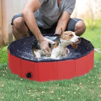 PawHut Foldable Dog Paddling Pool Pet Cat Swimming Pool Indoor/Outdoor Collapsible Summer Bathing Tub Shower Tub Puppy Washer (Φ80 × 20H cm, Red)(m-2)