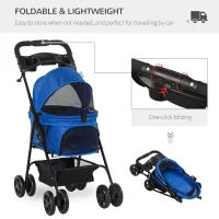 PawHut No-Zip Dog Stroller Pet Cat Travel Pushchair One-Click Fold Trolley Jogger with EVA Wheels Brake Basket Adjustable Canopy Safety Leash Blue(m-4)