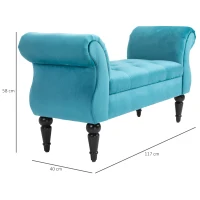 HOMCOM Vintage Bed End Bench with Armrest Tufted Footrest Stool Upholstered Bedroom Imitation Velvet Blau 117 x 40 x 58 cm(m-3)