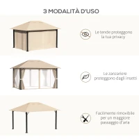 Outsunny Gazebo da Giardino 4x3m in Alluminio e Acciaio con Zanzariera e 4 Tende in Poliestere, Marrone(m-5)