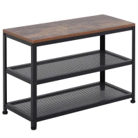 HOMCOM 3-Layer Shoe Rack Storage, Metal Frame with 2 Mesh Shelves, Rustic Colour Seat for Living Room and Hallway(m-1)