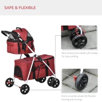 PawHut Double-Layer Pet Stroller Foldable Dog Cat Travel Carriage with Universal Wheel Canopy Storage Bag Cushion Red(m-5)