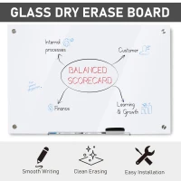 Vinsetto Glass Magnetic Dry Erase Whiteboard, Frameless Board on Wall, w/ Dry Eraser, 4 Markers and Pen Holder 35.5" x 23.5" x 0.18"(m-4)