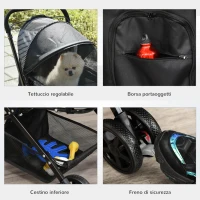 PawHut Pet Stroller Foldable Dog Cat Travel Carriage with Reversible Handle Rear Door EVA Wheel Brake Basket Storage Bag 3-stage Canopy Mesh Window Door Black(m-8)