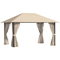Outsunny Gazebo da Giardino 4x3m in Alluminio e Acciaio con Zanzariera e 4 Tende in Poliestere, Marrone(m-1)