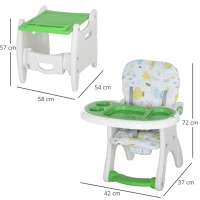 HOMCOM 3 in 1 Convertible Baby High Chair Booster Seat Desk and Chair Dinning Feeding Chair Table Set Adjustable Back Feeding Tray 5-Point Harness White and Green(m-3)