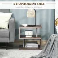 HOMCOM Industrial Vintage Look 3-Tier Side Table, S-Shape Retro End Desk for Living Room Bedroom Dorm, Wood Color(m-4)