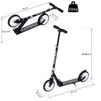 HOMCOM Teens Adult Kick Scooter Foldable Adjustable Aluminum Ride On Toy 2 Big Wheels For 14+ Black(m-3)