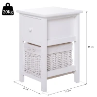 HOMCOM 2 Pieces Wood Bedside Table Storage Nightstand Free Standing Cabinet Vintage Style Desk w/ Drawer, Rattan Basket White(m-3)