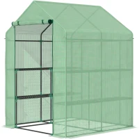 Outsunny Walk in Garden Greenhouse with Shelves Polytunnel Steeple Green house Grow House Removable Cover 143x138x190cm, Green(m-1)