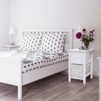 HOMCOM 2 Pieces Wood Bedside Table Storage Nightstand Free Standing Cabinet Vintage Style Desk w/ Drawer, Rattan Basket White(m-2)