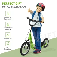HOMCOM Teens Youth Kick Scooter Adjustable Handlebar Ride On Toy For 5+ w/ Front and Rear Dual Brakes Inflatable Wheels-Green(m-6)