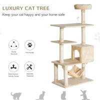 PawHut 152cm Plush Cat Tree Tower Climbing Frame Activity Center with Sisal Scratching Posts Hammock Perch Condo Dangle Toy Beige(m-4)