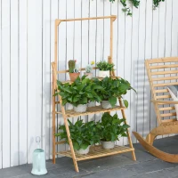 Outsunny 3 Tier Bamboo Hanging Plant Stand Planter Shelves Storage Rack Display with Adjustable Design Indoor Outdoor, 70 x 40 x 143cm(m-2)