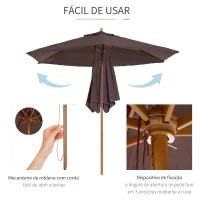 Outsunny Chapéu de Sol Ø250x230cm Chapéu de Sol com Mastro de Madeira com 6 Hastes Sistema de Polia com Fixação para Jardim Pátio Terraço Marrom(m-5)