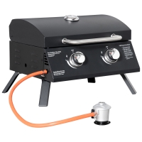 Outsunny Tabletop Gas Grill BBQ with 2 Burners Mobile Grill Cart Grill Net Small Outdoor Table Gas Grill Picnic with Pressure Reducer Hose Stainless Steel Black 55 x 46.5 x 41 cm