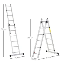 HOMCOM Durhand 2.5m Rail-step Joints Extension Aluminum Ladder, A-frame ，2 Usage Forms(m-3)