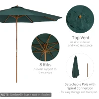 Outsunny 3m Wood Garden Parasol Sun Shade Patio Outdoor Market Umbrella Canopy with Top Vent, Green(m-4)