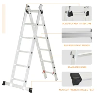 HOMCOM Durhand 2.5m Rail-step Joints Extension Aluminum Ladder, A-frame ，2 Usage Forms(m-5)
