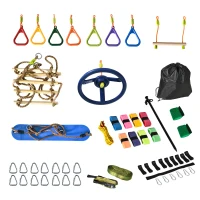 Outsunny Kids Obstacle Course, 42.6 FT Children Slackline Training Equipment, with Monkey Bars, Rope Ladder, Swing, Gym Rings, Tree Protector, Carry Bag(m-11)