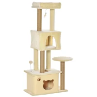 PawHut Cat Tree Tower 136cm Climbing Kitten Activity Center with Jute Scratching Post Perch Roomy Condo Removable Felt Hanging Toy Bed Beige(m-1)