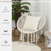 Outsunny Moon Saucer Chair for Adults & Kids Folding Design Bohemian Style with Hand-woven Cotton Tassal for Bedroom Livingroom Garden Max 150kg White(m-7)