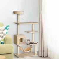 PawHut 152cm Plush Cat Tree Tower Climbing Frame Activity Center with Sisal Scratching Posts Hammock Perch Condo Dangle Toy Beige(m-2)
