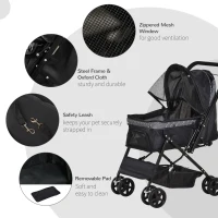 PawHut Pet Stroller Foldable Dog Cat Travel Carriage with Reversible Handle Rear Door EVA Wheel Brake Basket Storage Bag 3-stage Canopy Mesh Window Door Black(m-6)