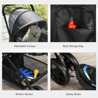 PawHut Pet Stroller Foldable Dog Cat Travel Carriage with Reversible Handle Rear Door EVA Wheel Brake Basket Storage Bag 3-stage Canopy Mesh Window Door Black(m-7)